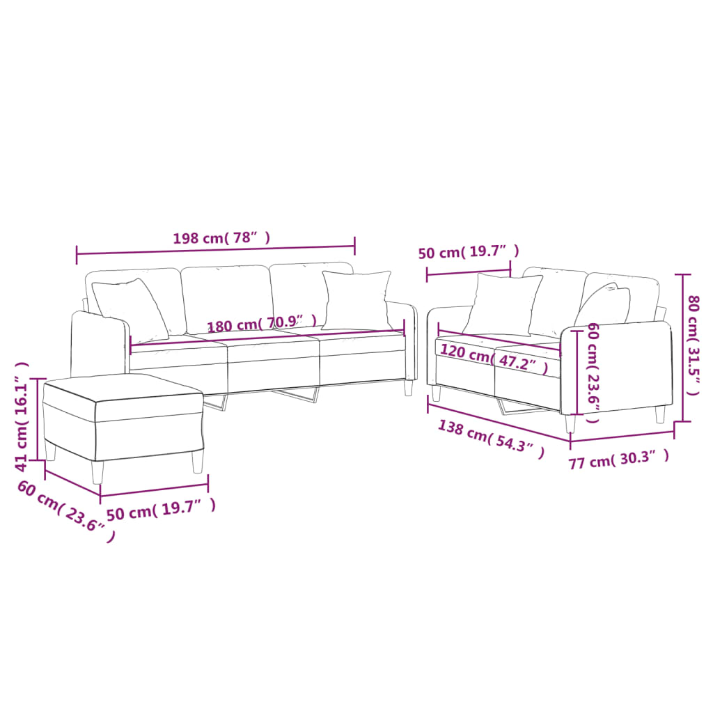 Set de canapele cu perne, 3 piese, gri deschis, textil