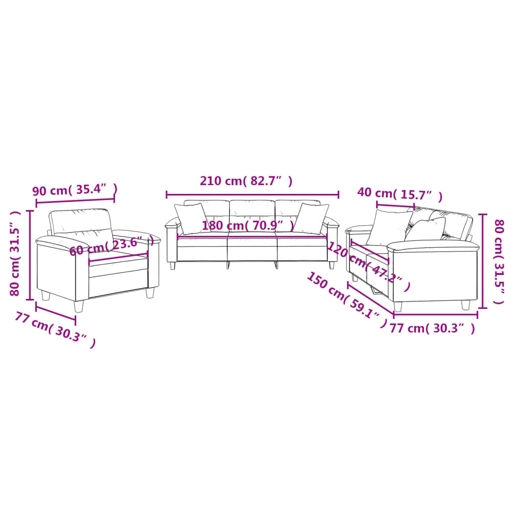 Set de canapele cu perne, 3 piese, crem, microfibră