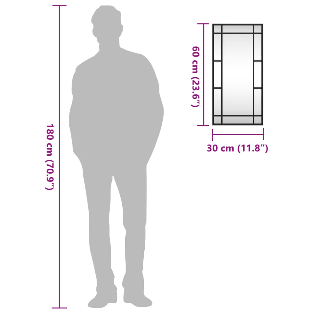 Oglindă de perete, negru, 30x60 cm, dreptunghiulară, fier