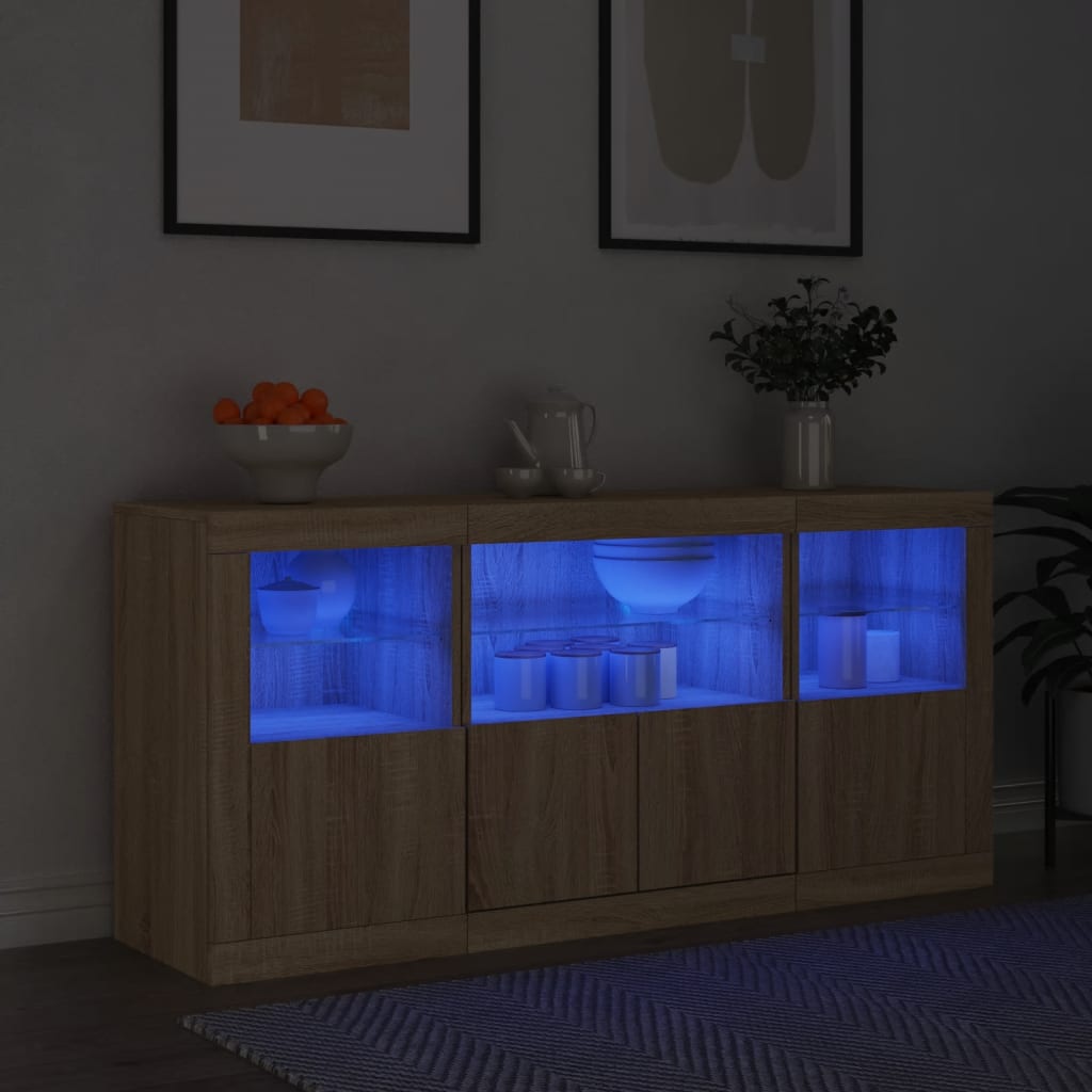 Servantă cu lumini LED, stejar sonoma, 142,5x37x67 cm