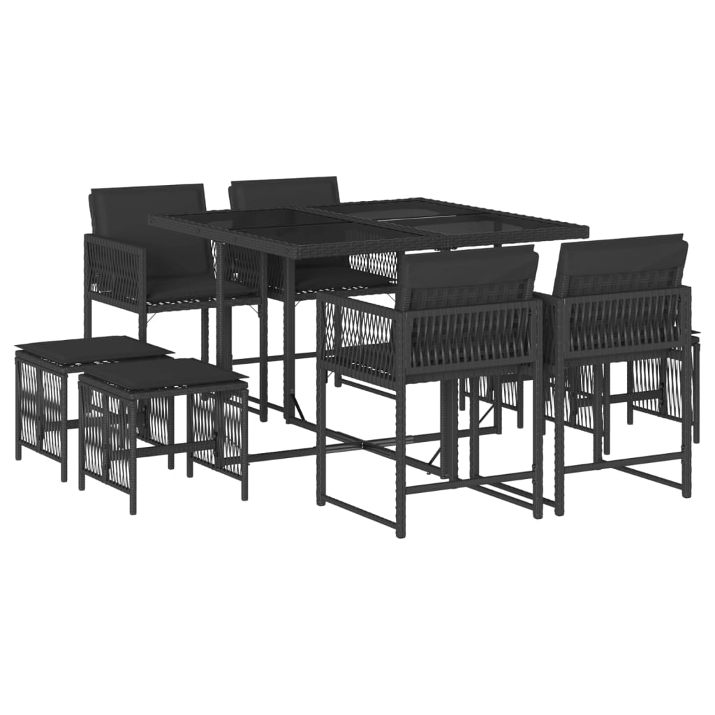 Set mobilier de grădină cu perne, 9 piese, negru, poliratan