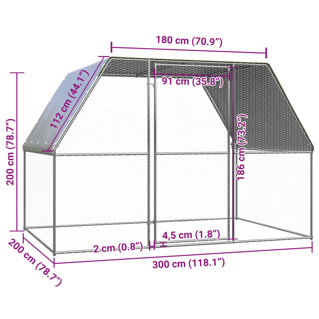 Coteț pentru pui, argintiu și gri, 3x2x2 m, oțel galvanizat