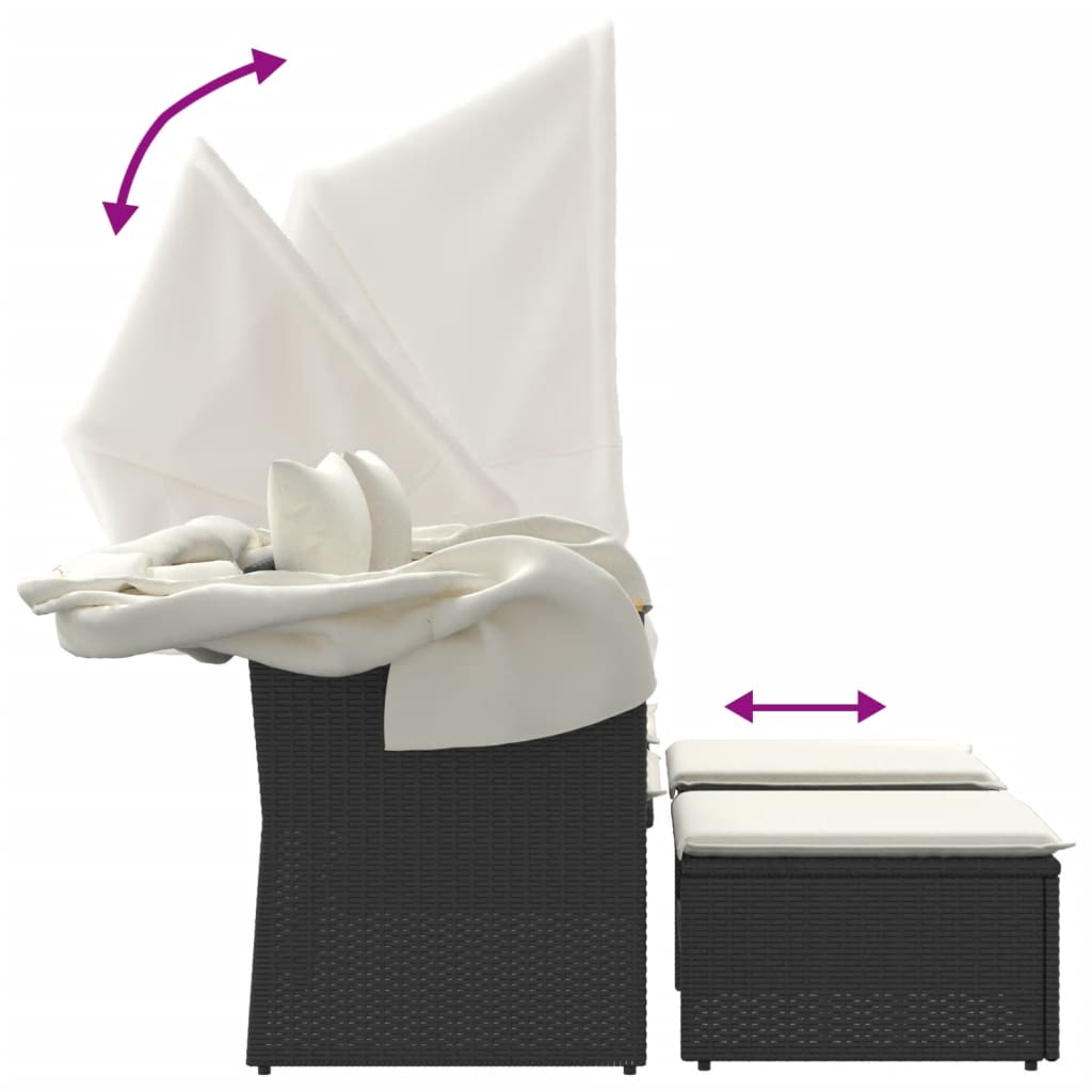 Canapea de grădină cu baldachin și scaune, negru, poliratan