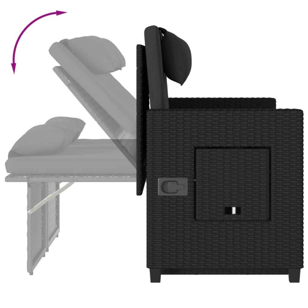 Bancă de grădină rabatabilă cu perne, negru, poliratan