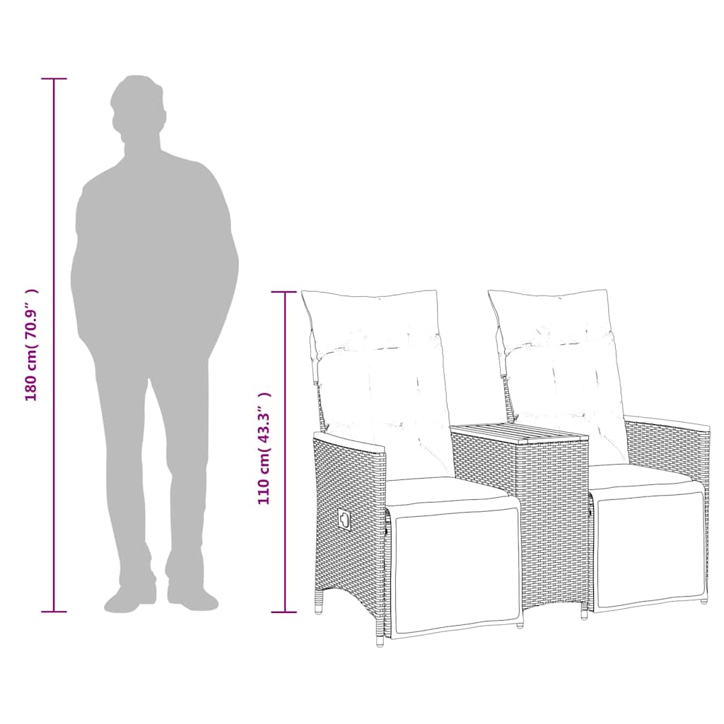 Canapea extensibilă de grădină cu 2 locuri și masă, gri, poliratan