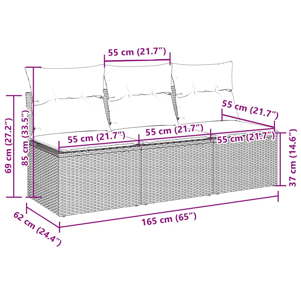 Canapea de grădină cu perne, 3 locuri, gri deschis, poliratan