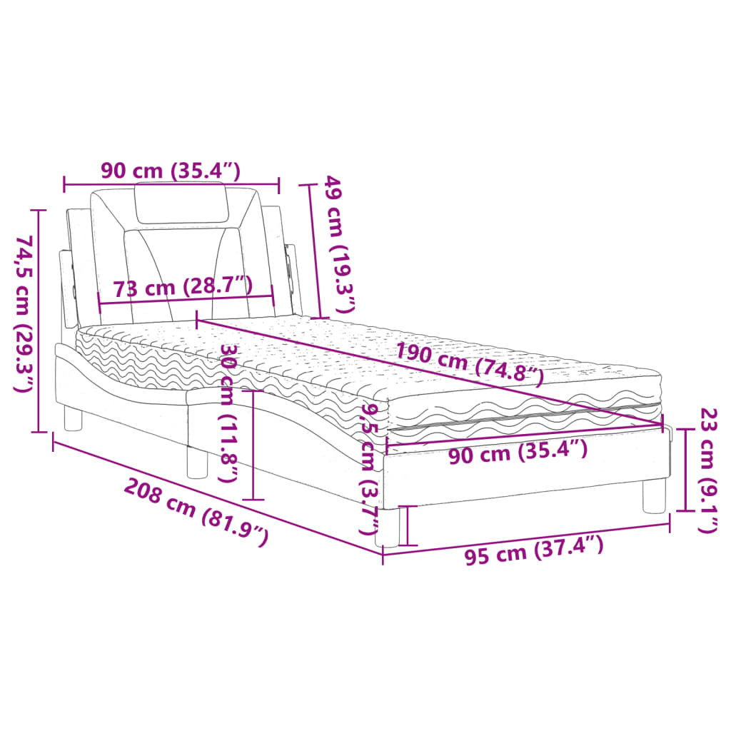 Pat cu saltea, alb, 90x190 cm, piele ecologică