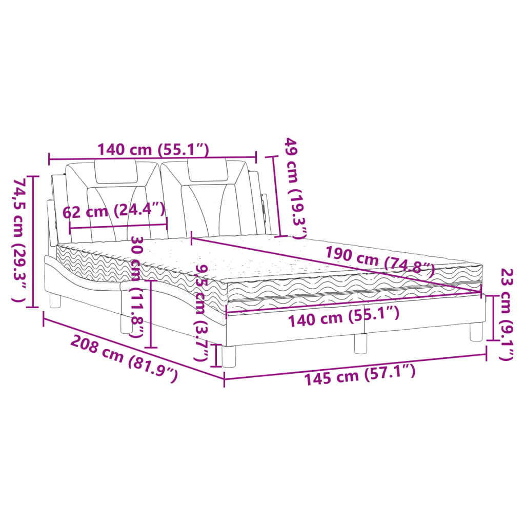 Pat cu saltea, alb, 140x190 cm, piele ecologică