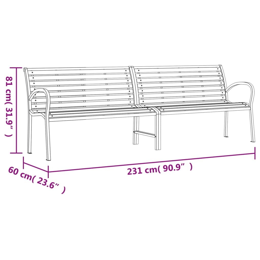 Bancă dublă de grădină, negru, 231 cm, oțel și WPC