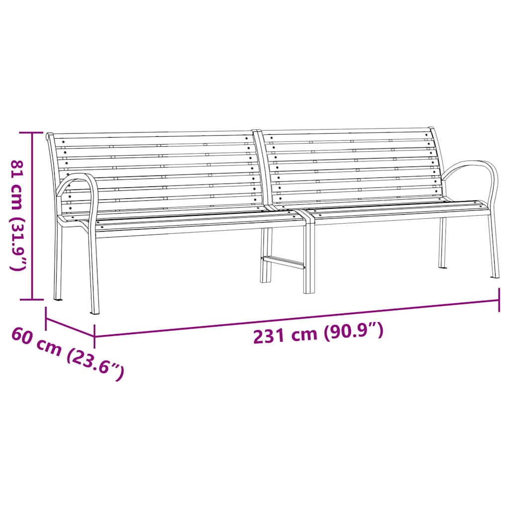 Bancă de grădină, maro, 231 cm, lemn/oțel vopsit electrostatic