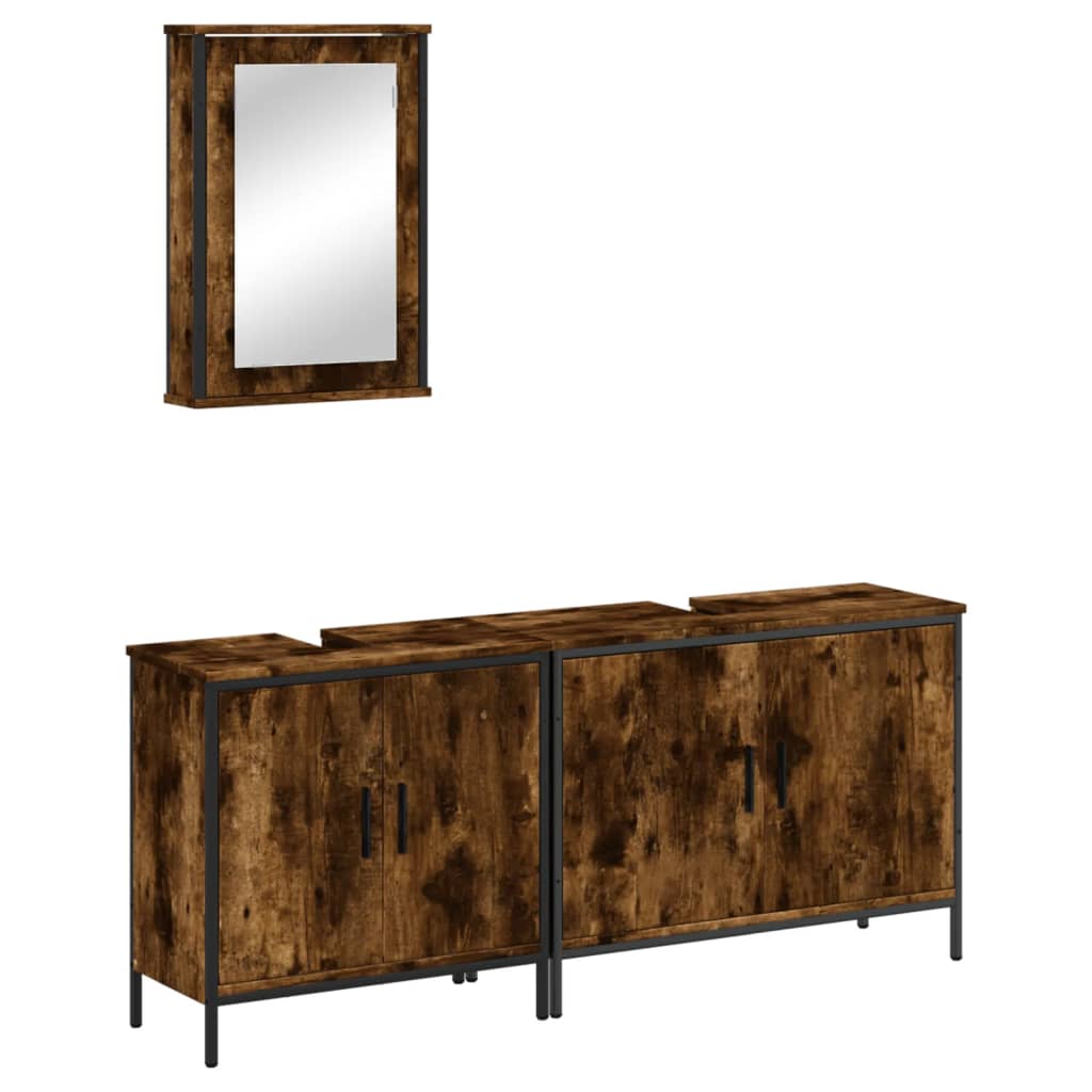 Set mobilier de baie, 3 piese, stejar fumuriu, lemn prelucrat