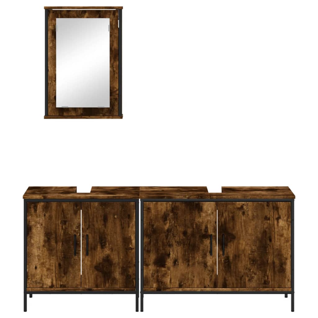 Set mobilier de baie, 3 piese, stejar fumuriu, lemn prelucrat