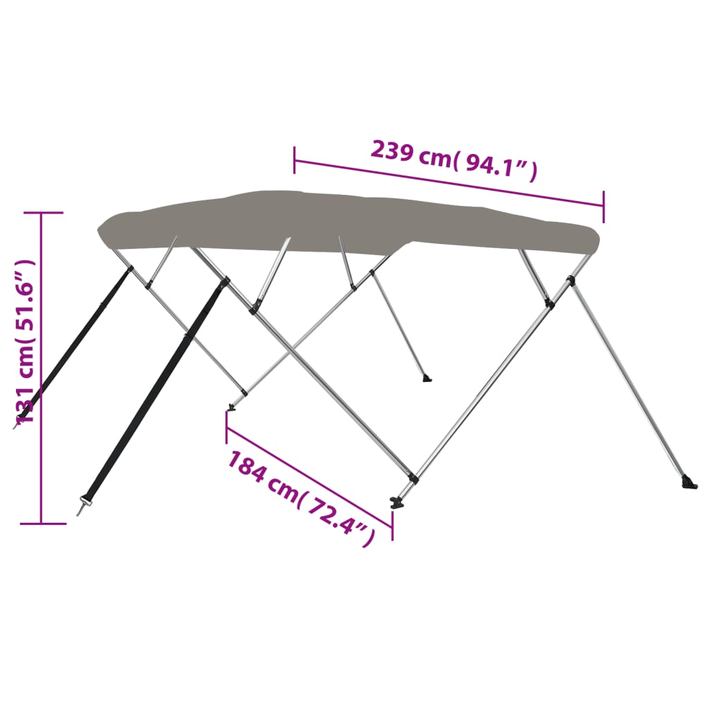 Parasolar barcă Bimini cu 4 arcuri, gri, 243x180x137 cm