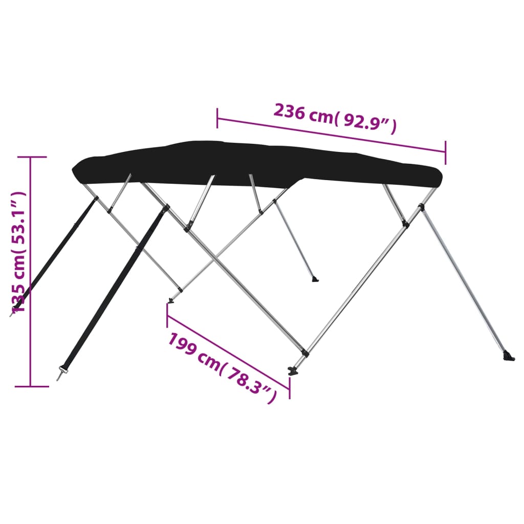 Parasolar barcă Bimini cu 4 arcuri, negru, 243x196x137 cm