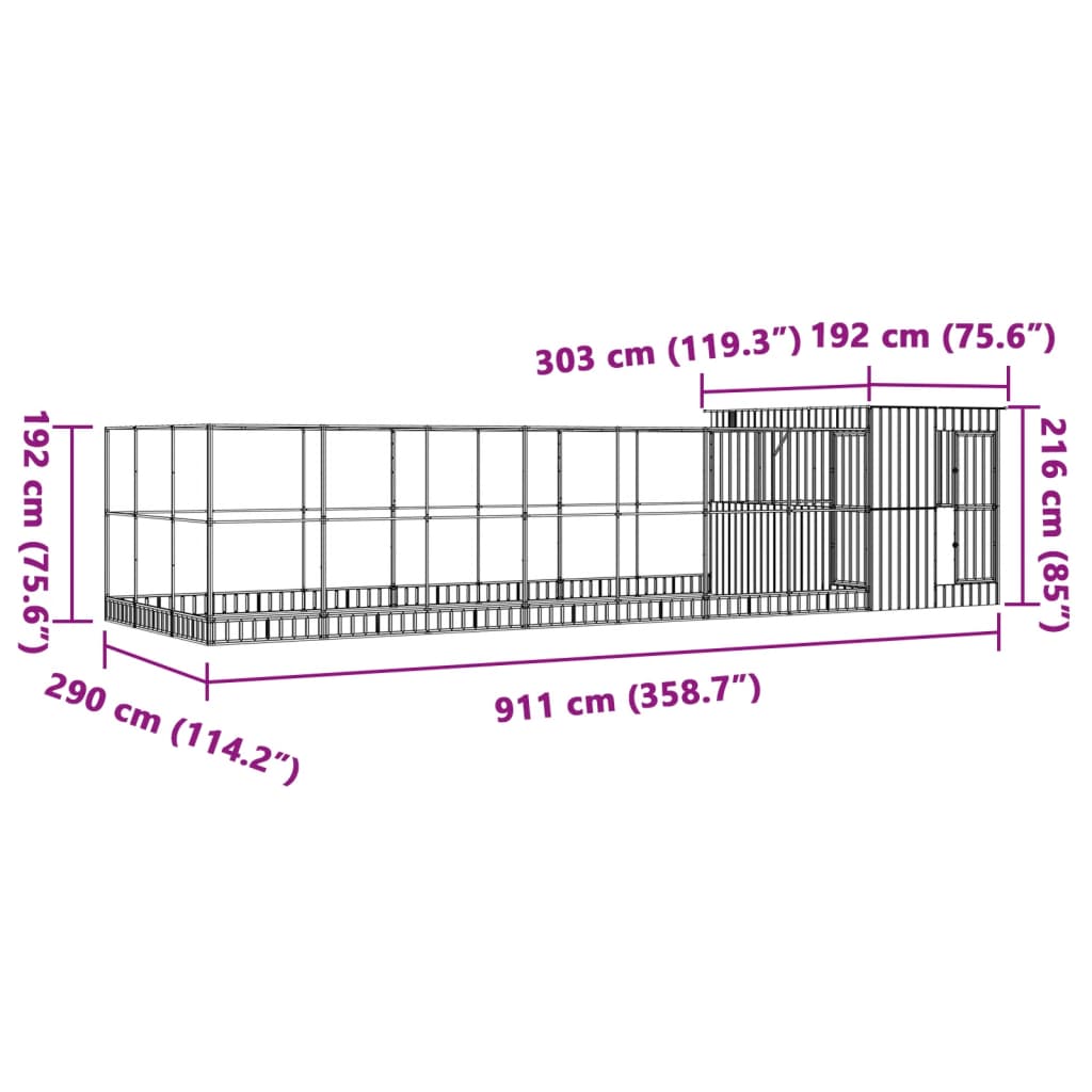 Voliera de păsări cu extensie, argintiu, 911x303x216 cm, oțel