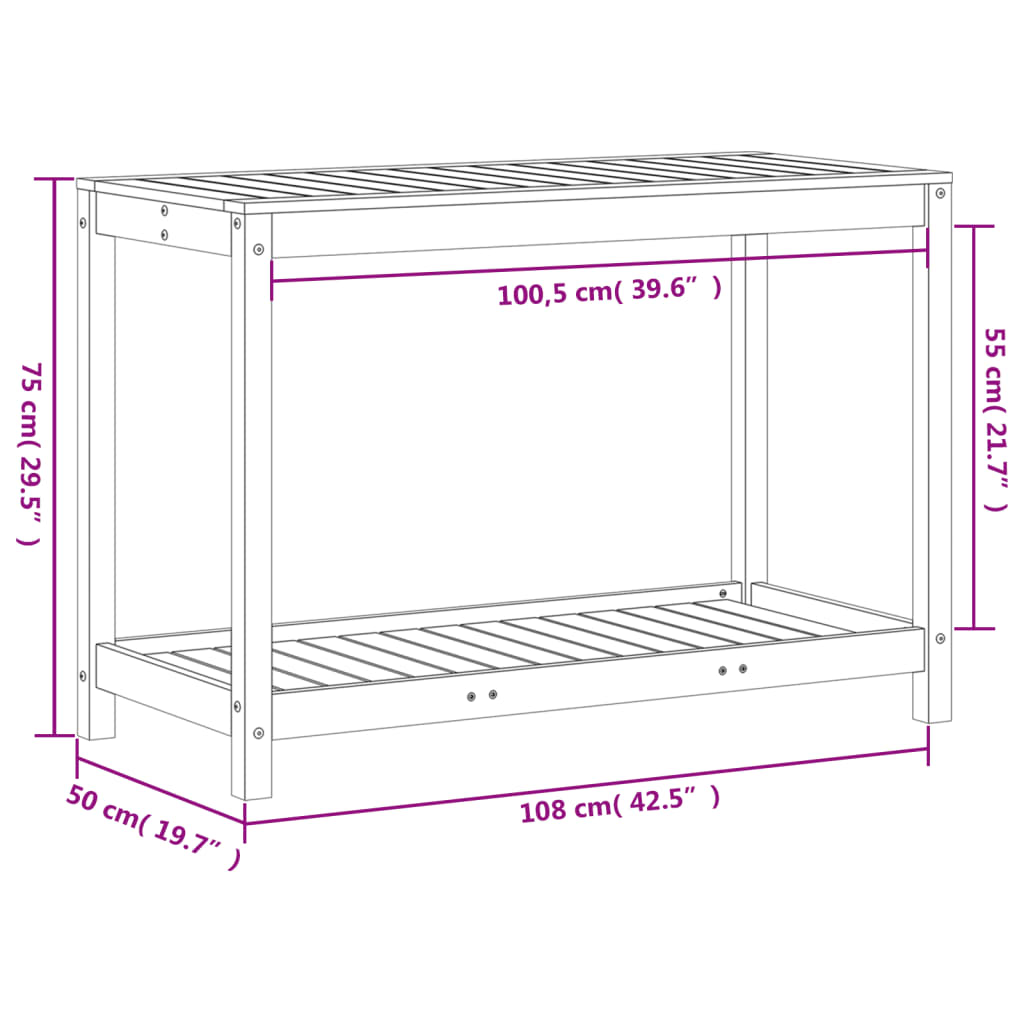 Masă de plantare cu poliță alb 108x50x75 cm, lemn masiv de pin