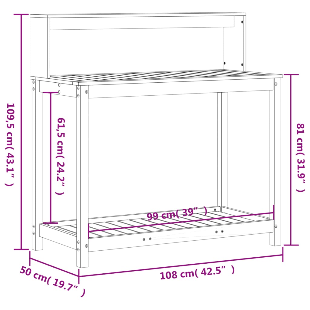 Masă de plantare cu rafturi, 108x50x109,5 cm, lemn masiv pin