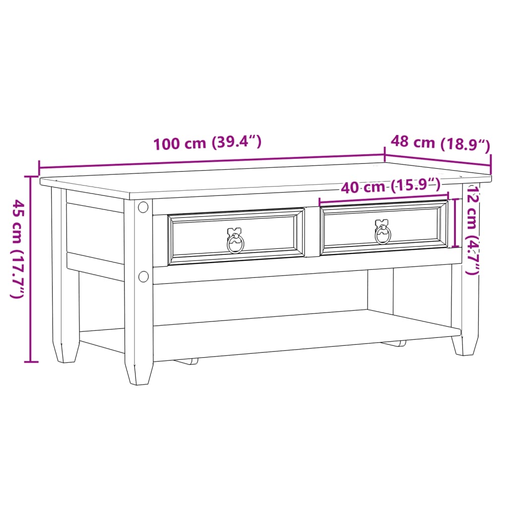 Măsuță de cafea cu sertare Corona, 100x48x45 cm, lemn masiv pin