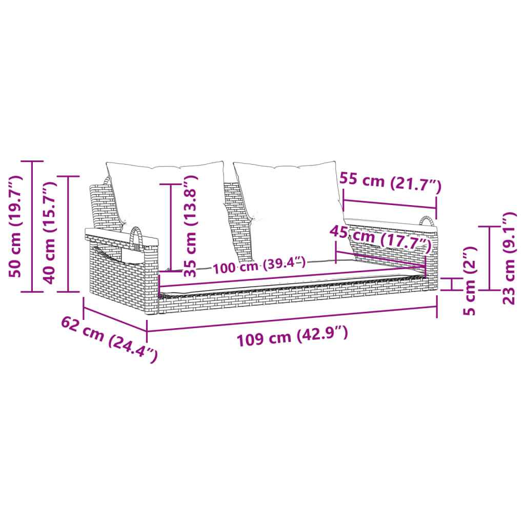 Bancă de balansoar cu perne, negru, 109x62x40 cm, poliratan