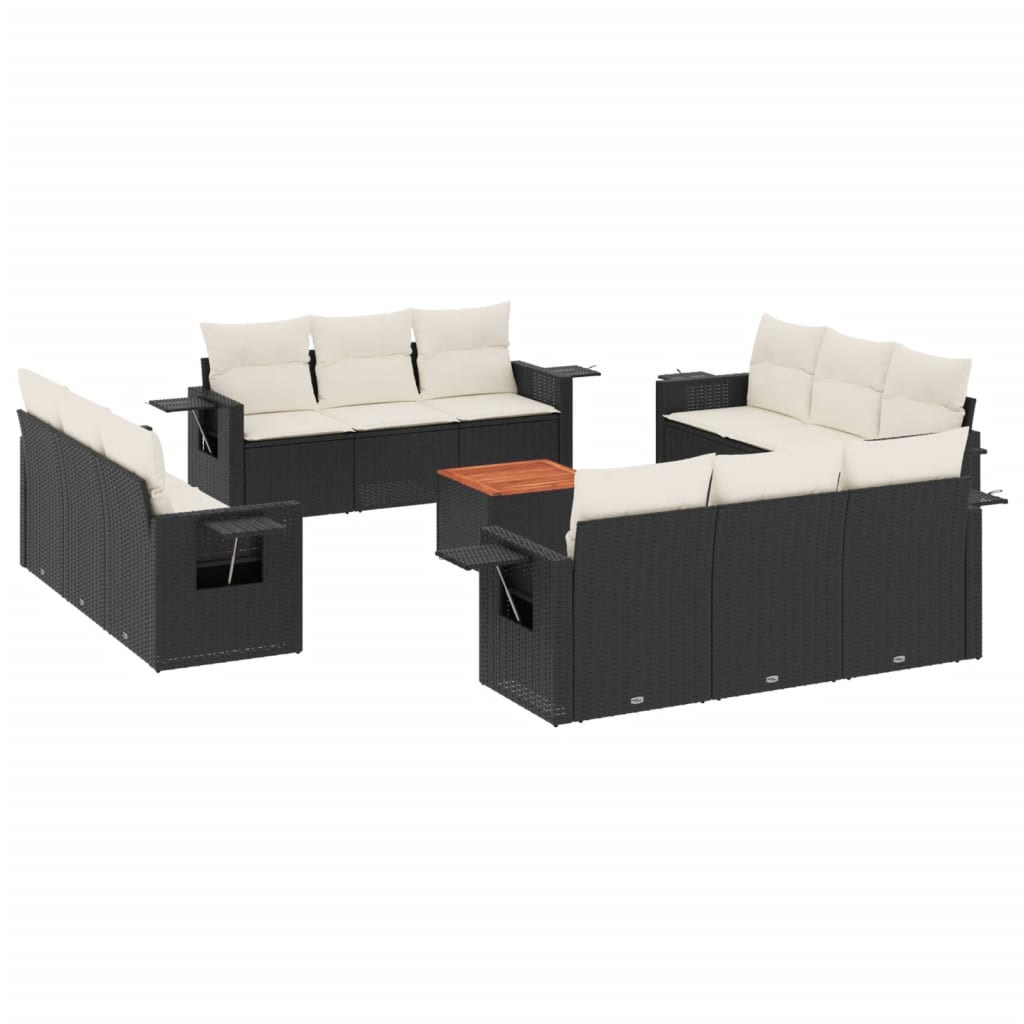 Set mobilier de grădină cu perne, 13 piese, negru, poliratan