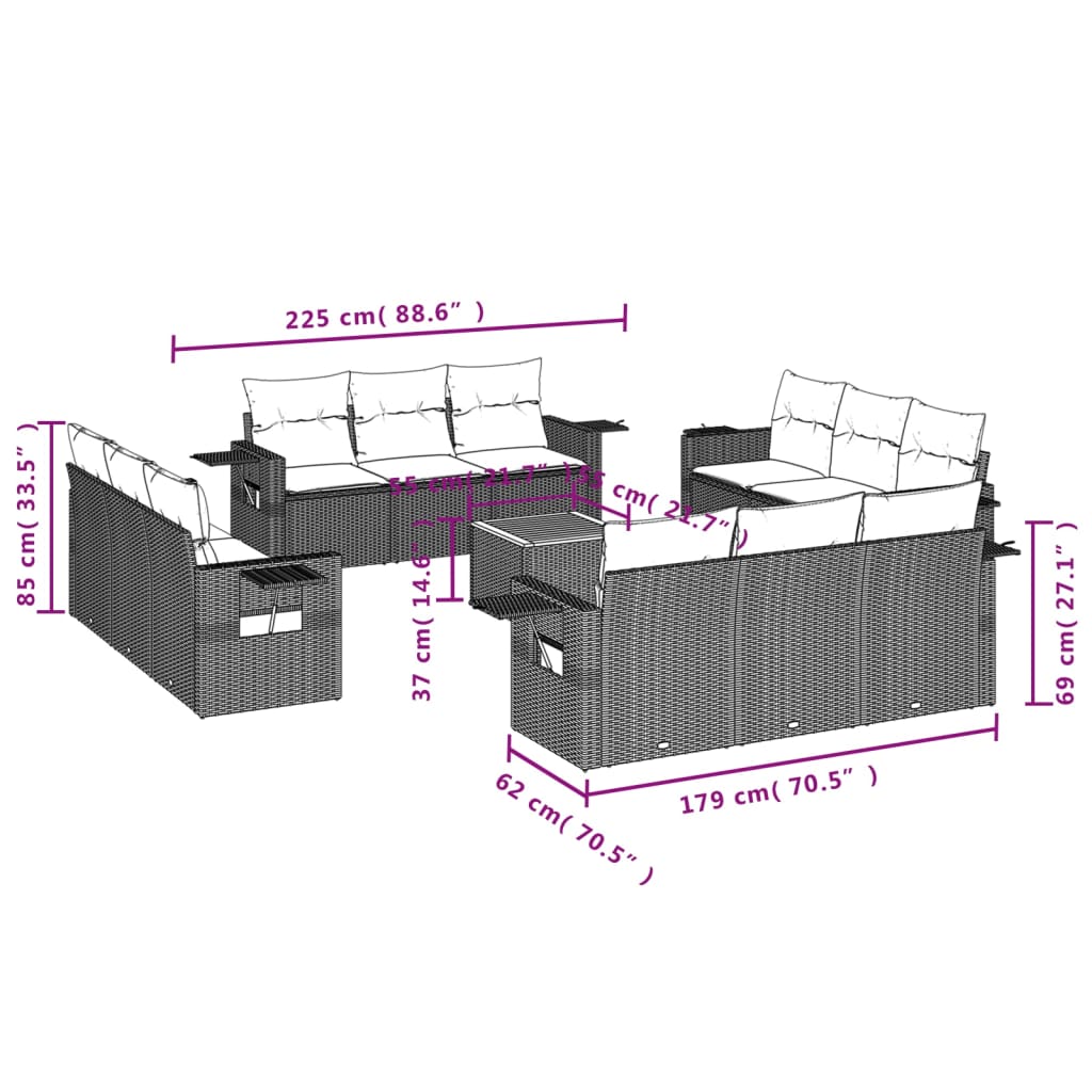 Set mobilier de grădină cu perne, 13 piese, negru, poliratan