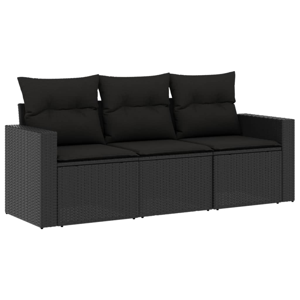 Set mobilier de grădină cu perne, 3 piese, negru, poliratan