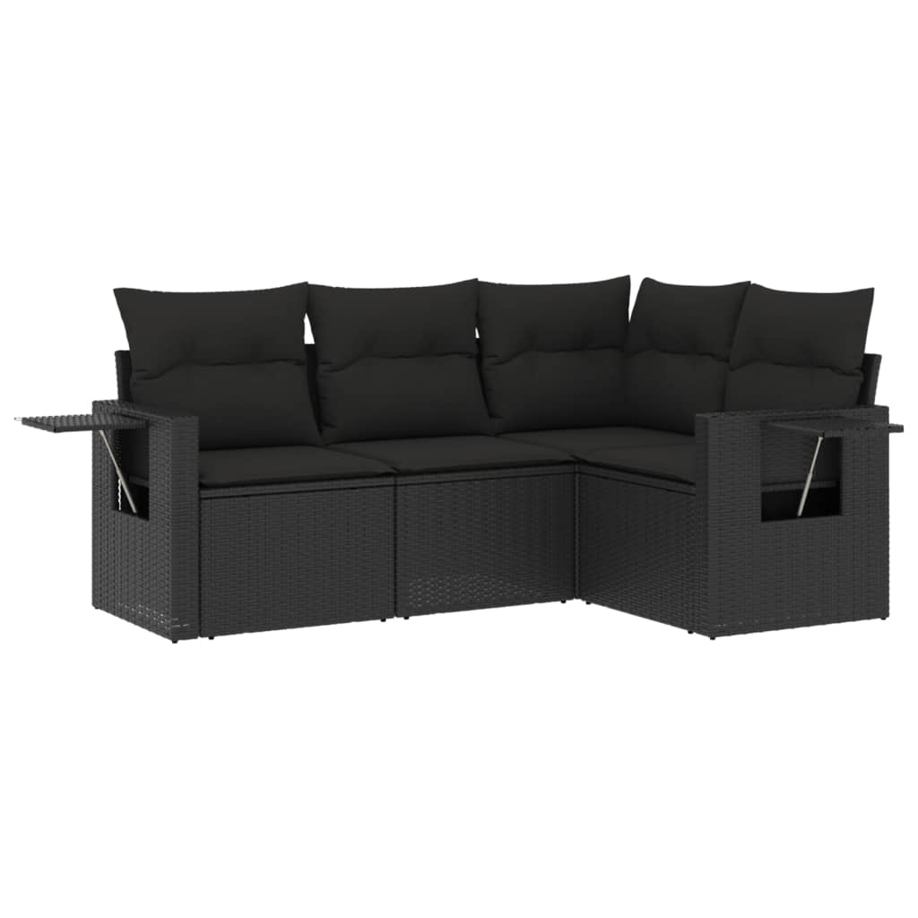 Set mobilier de grădină cu perne, 4 piese, negru, poliratan