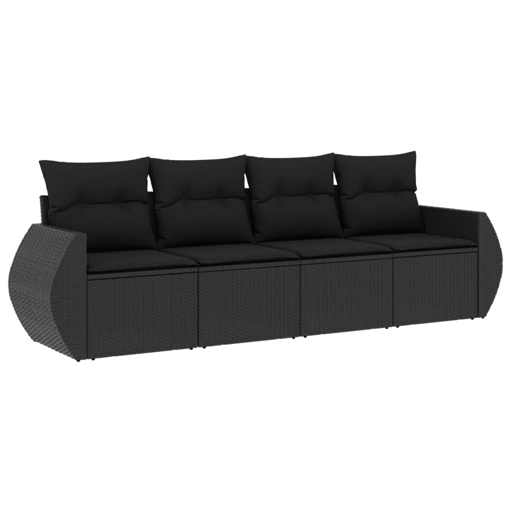 Set mobilier de grădină cu perne, 4 piese, negru, poliratan
