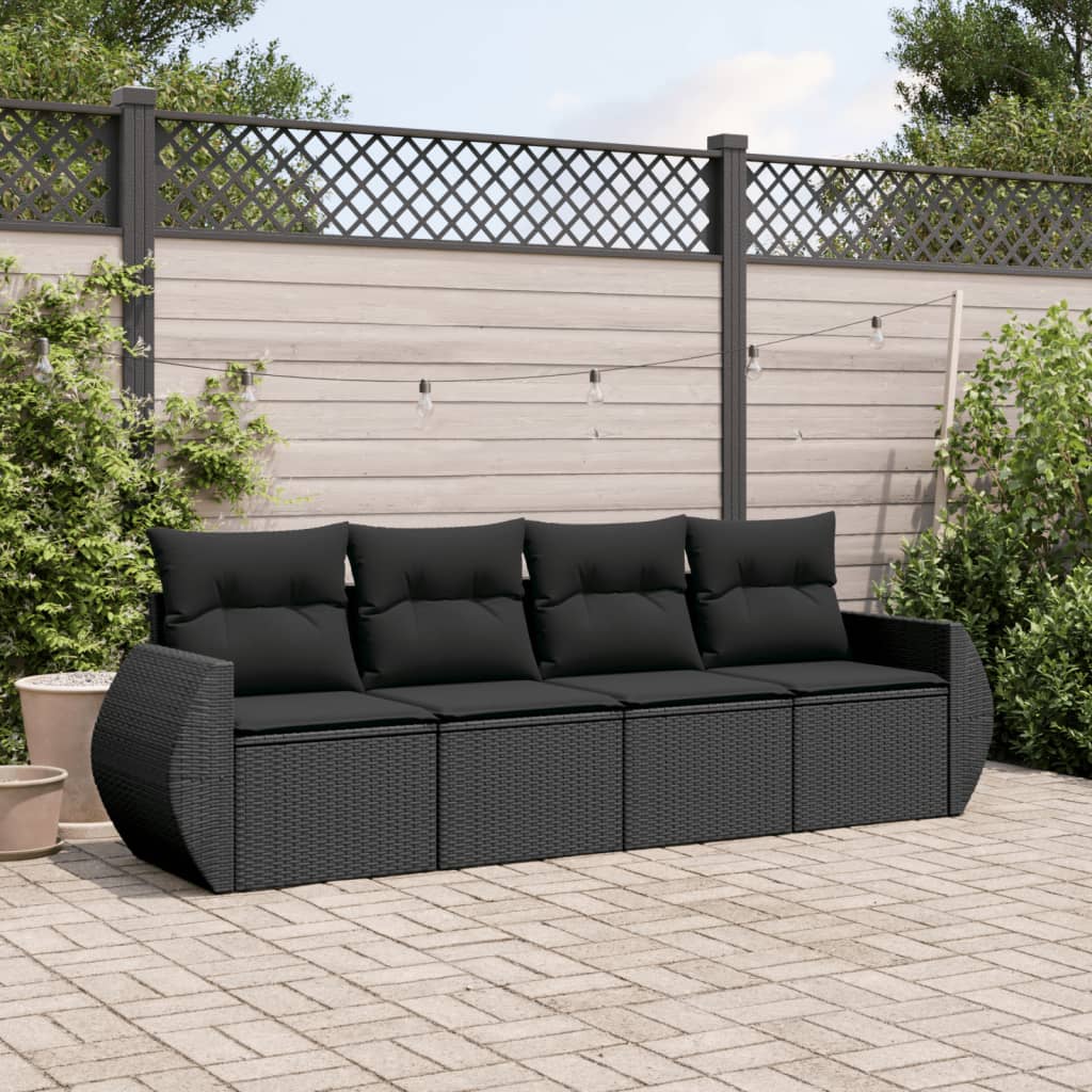 Set mobilier de grădină cu perne, 4 piese, negru, poliratan