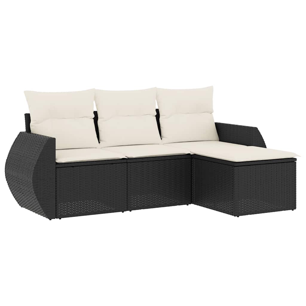 Set mobilier de grădină cu perne, 4 piese, negru, poliratan