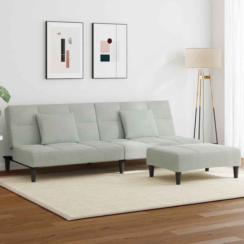 Canapea extensibilă cu taburet, 2 locuri, gri deschis, catifea