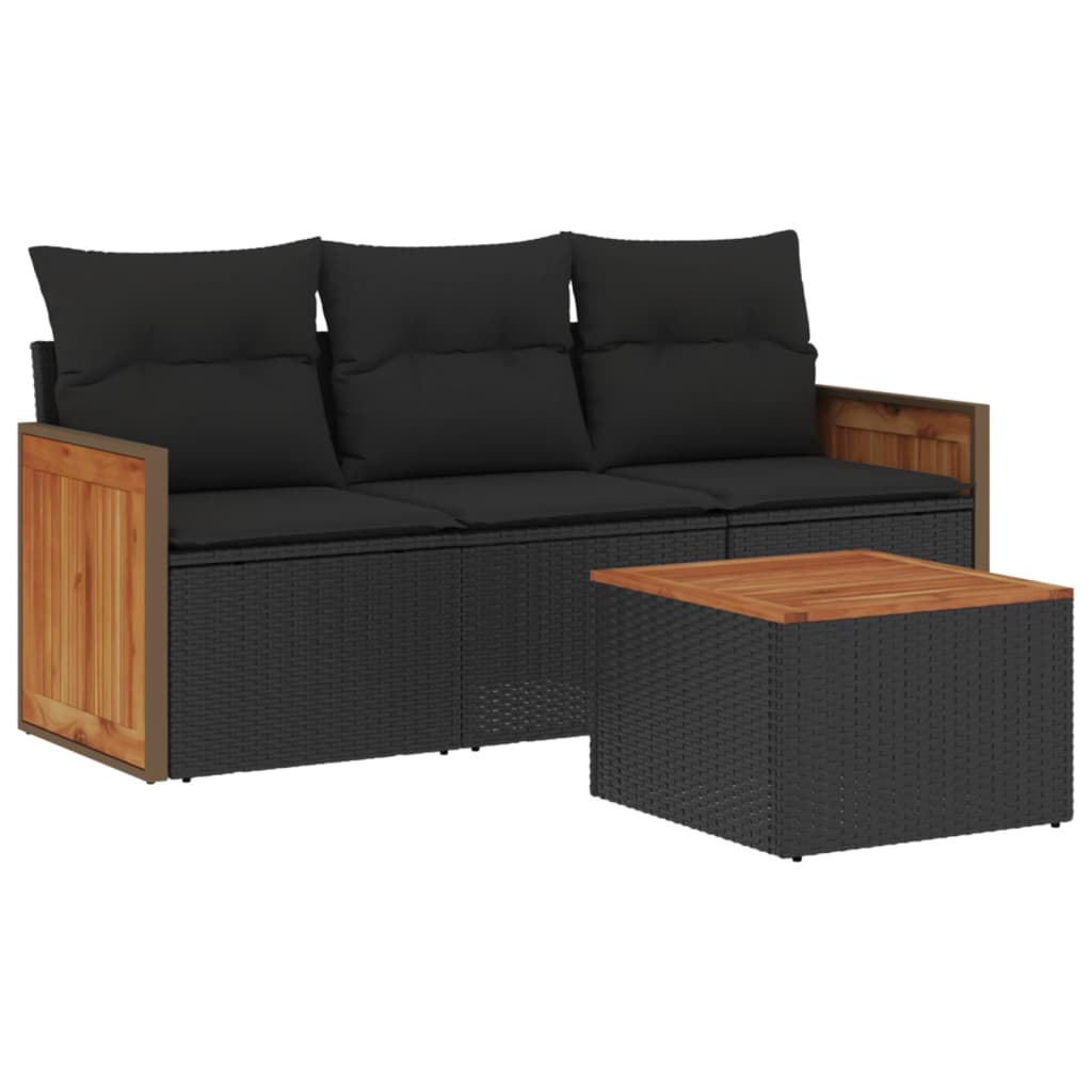 Set mobilier de grădină cu perne, 4 piese, negru, poliratan
