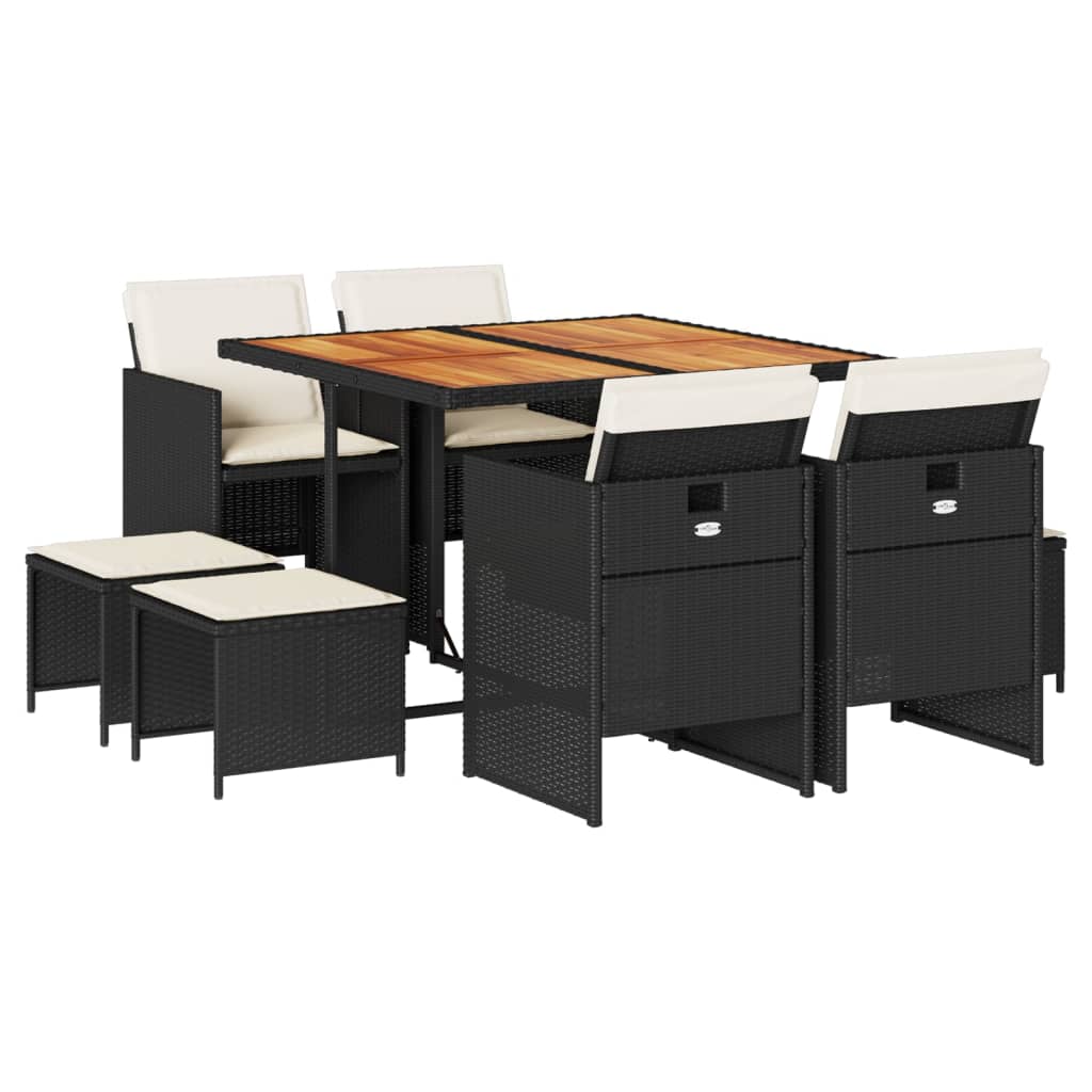 Set mobilier de grădină cu perne, 9 piese, negru, poliratan