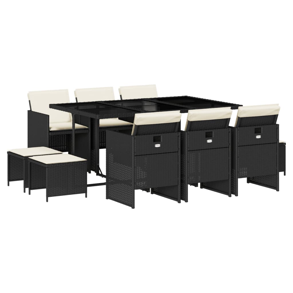 Set mobilier de exterior cu perne, 11 piese, negru, poliratan