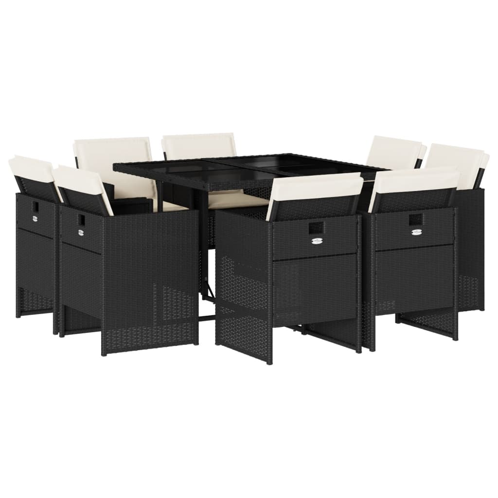 Set mobilier de grădină cu perne, 9 piese, negru, poliratan