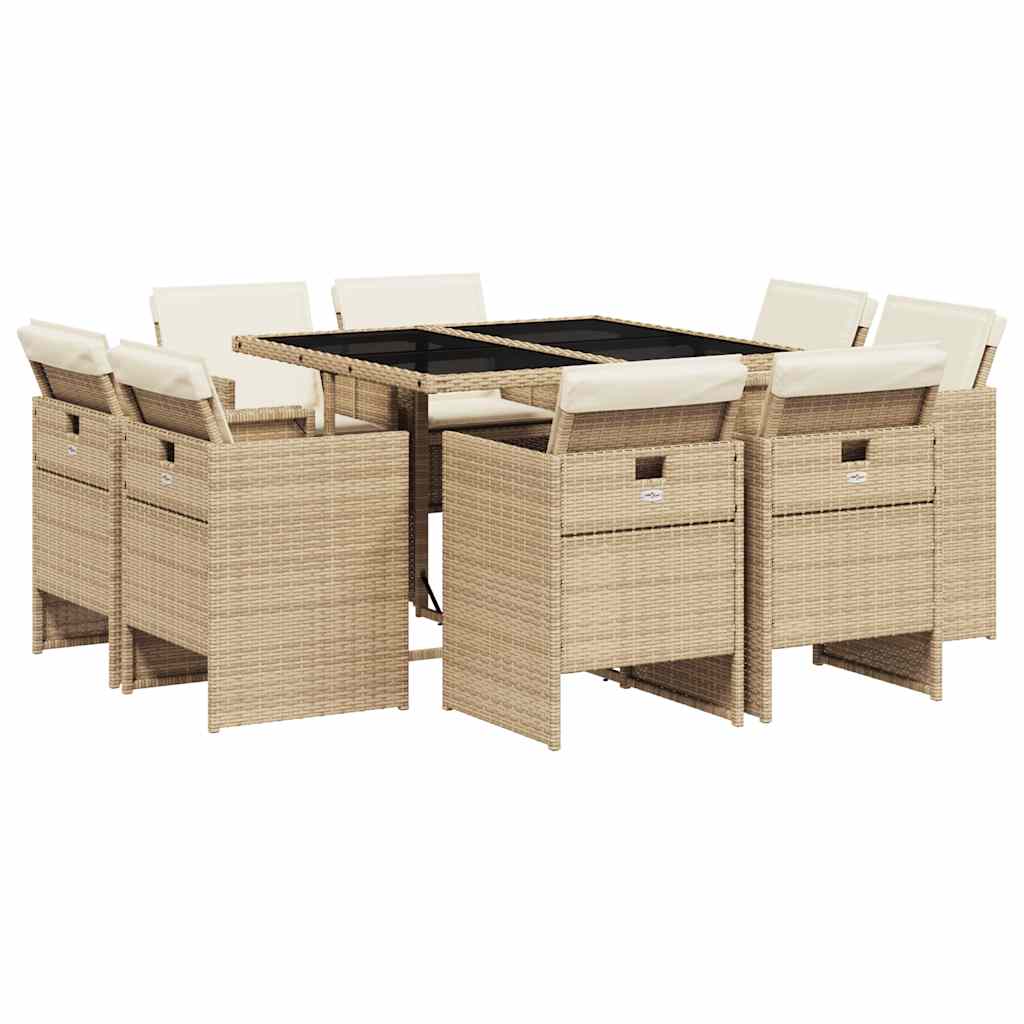 Set de masă pentru grădină, 9 piese, cu perne, bej, poliratan