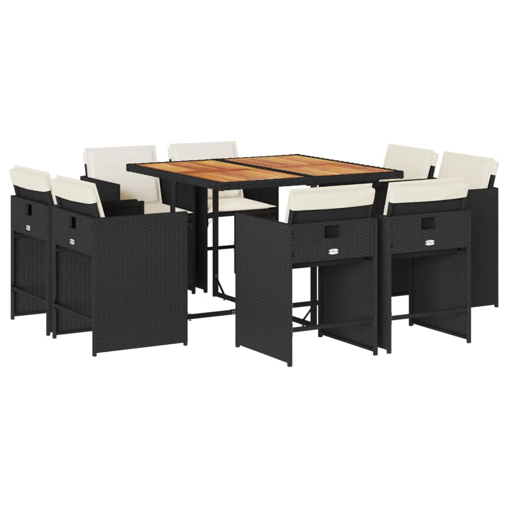 Set mobilier de grădină cu perne, 9 piese, negru, poliratan