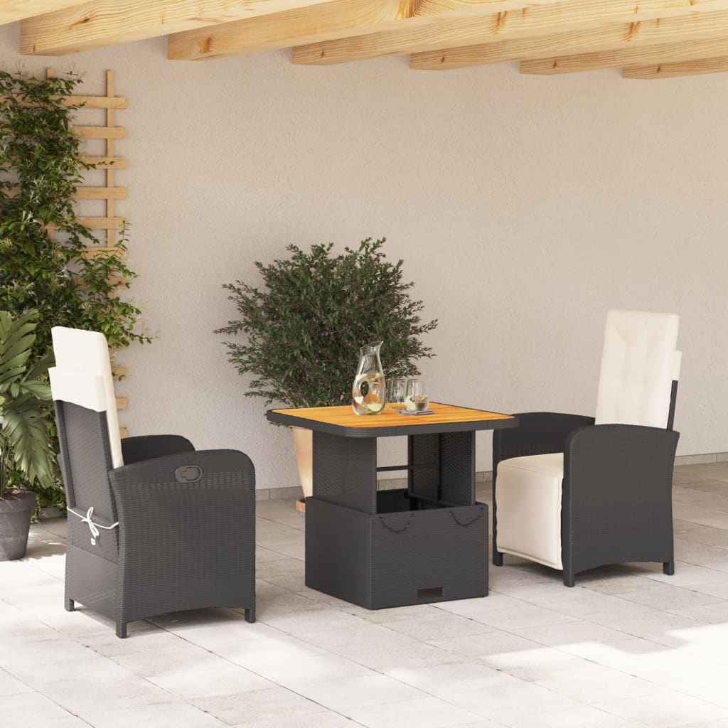 Set mobilier de grădină cu perne, 3 piese, negru, poliratan