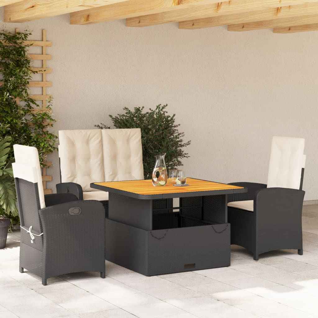 Set mobilier de grădină cu perne, 4 piese, negru, poliratan