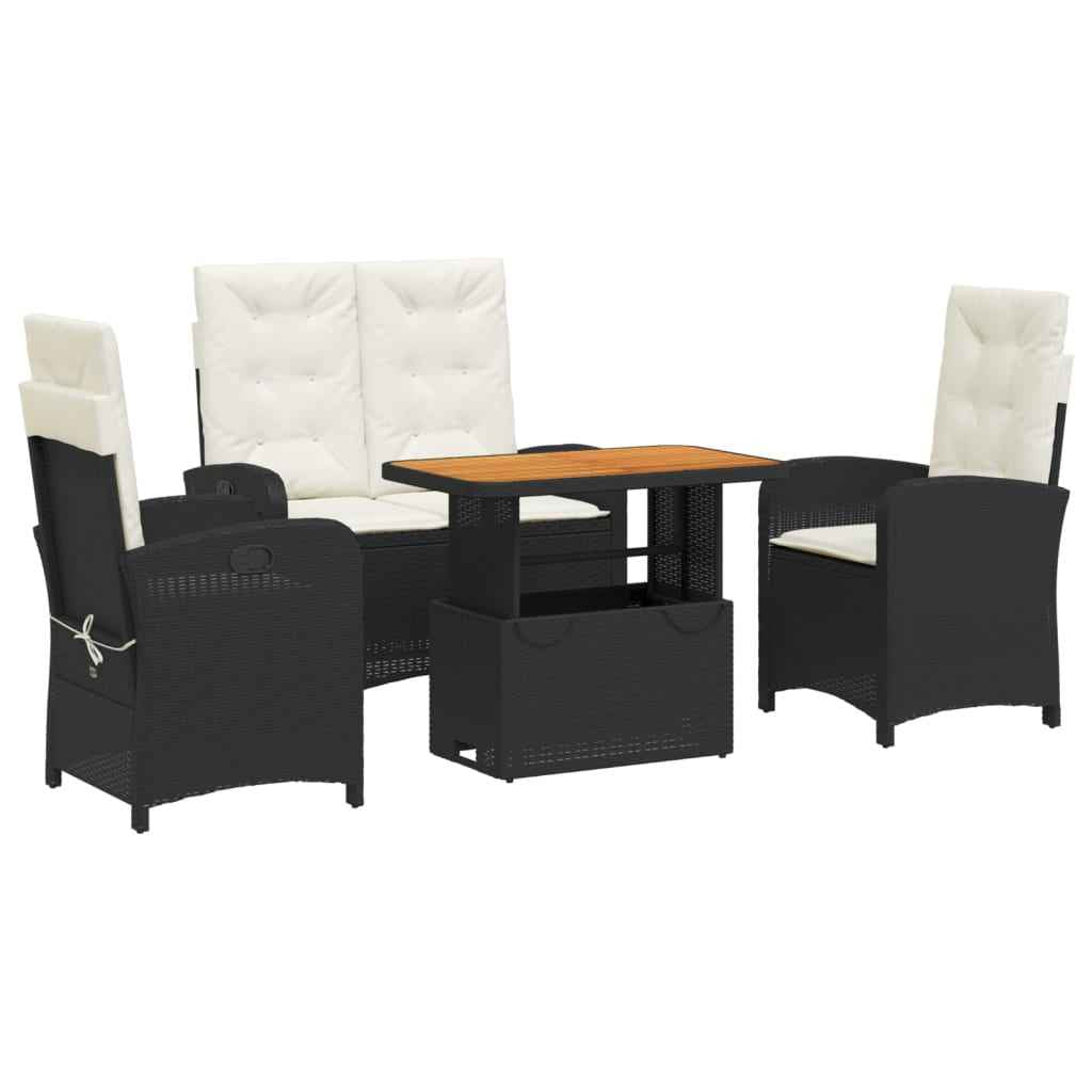 Set mobilier de grădină cu perne, 4 piese, negru, poliratan