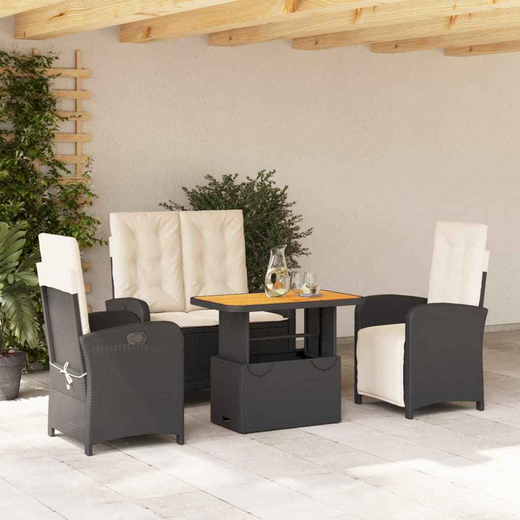 Set mobilier de grădină cu perne, 4 piese, negru, poliratan