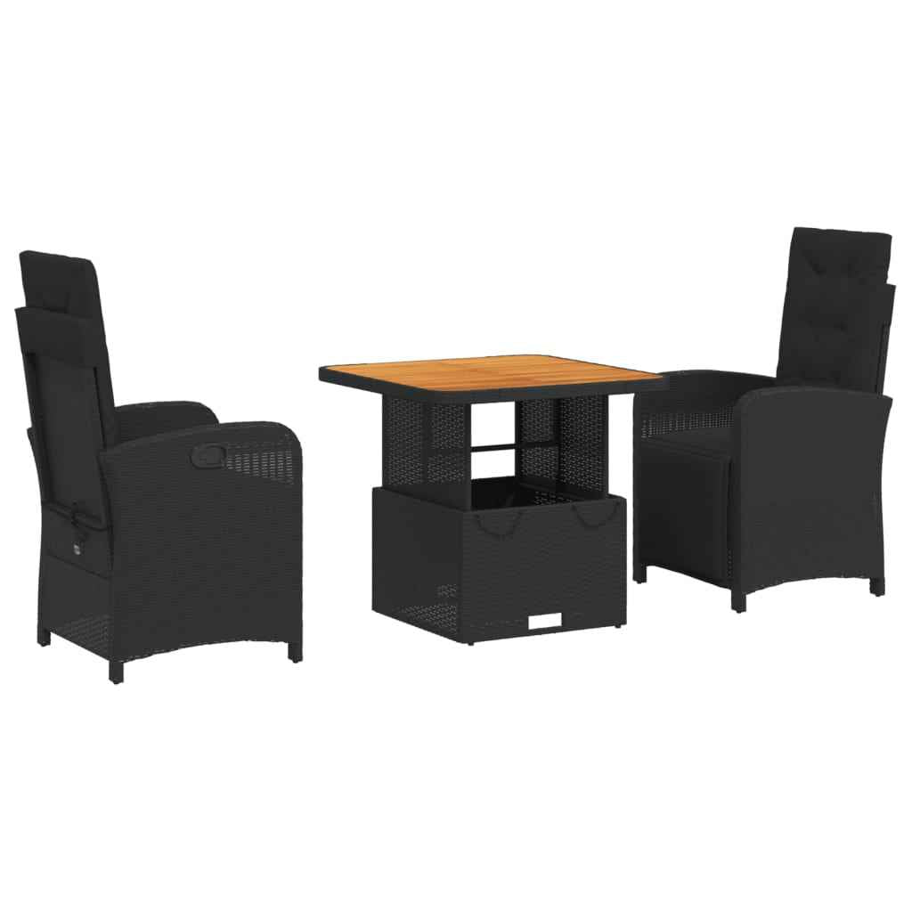 Set mobilier de grădină cu perne, 3 piese, negru, poliratan