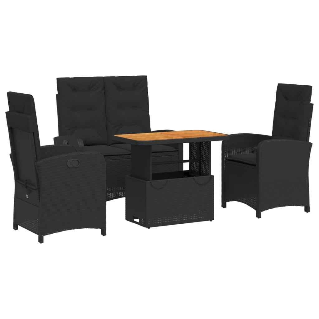 Set mobilier de grădină cu perne, 4 piese, negru, poliratan