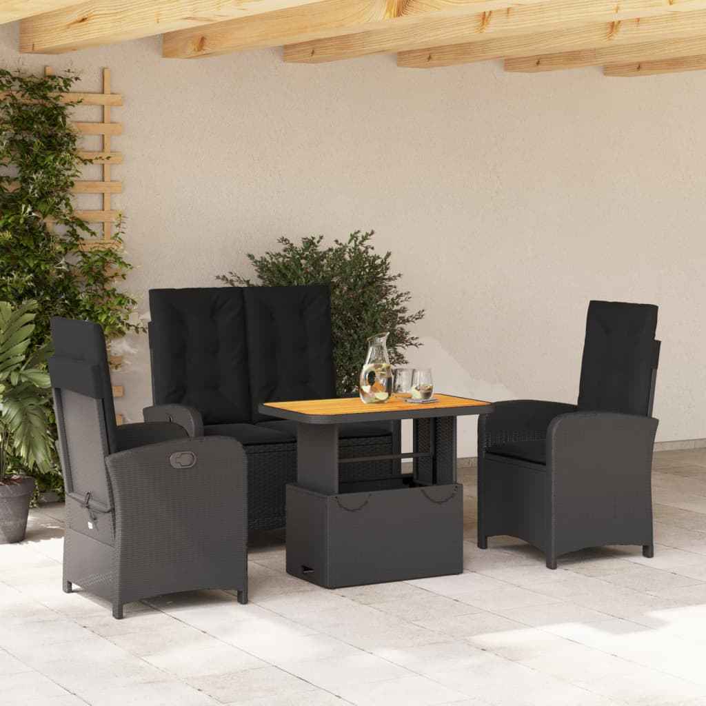 Set mobilier de grădină cu perne, 4 piese, negru, poliratan