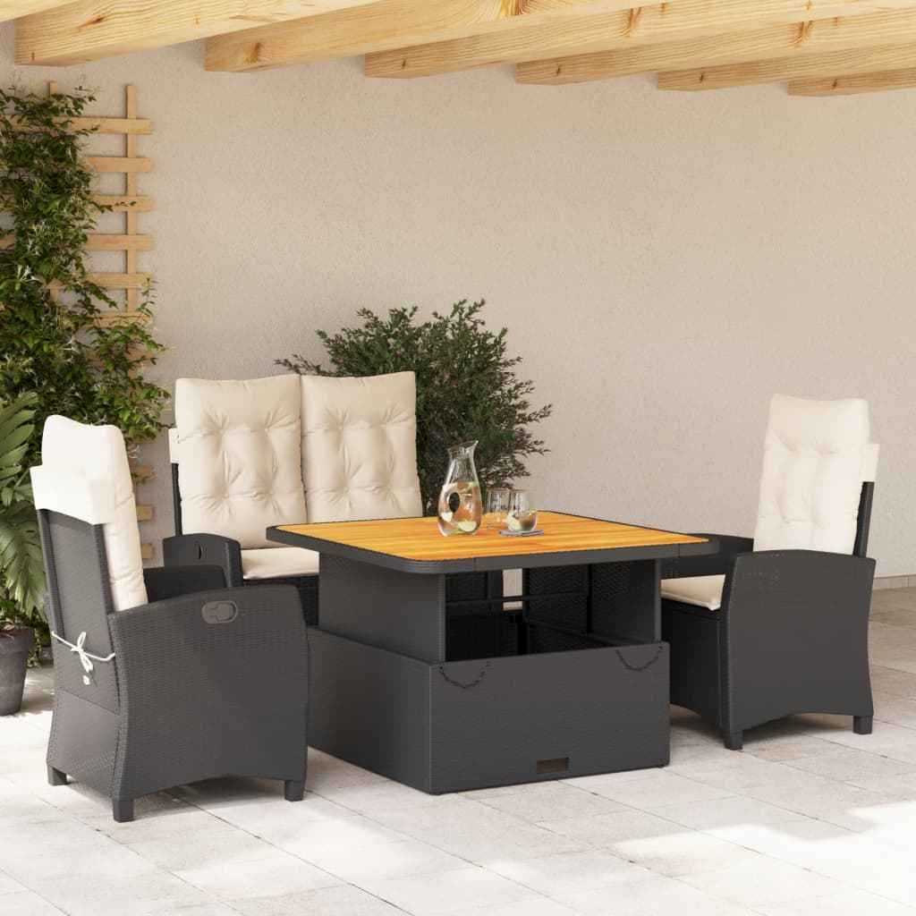 Set mobilier de grădină cu perne, 4 piese, negru, poliratan