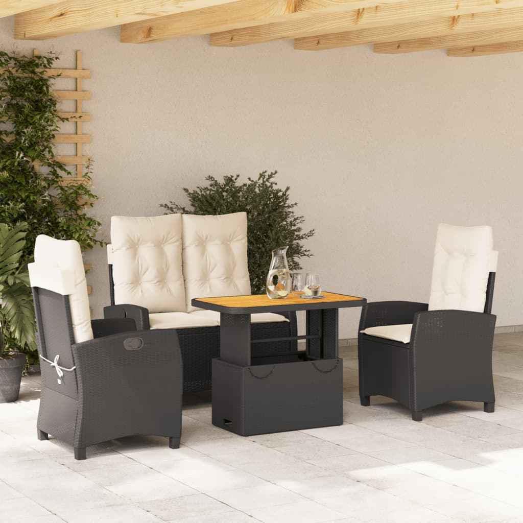 Set mobilier de grădină cu perne, 4 piese, negru, poliratan
