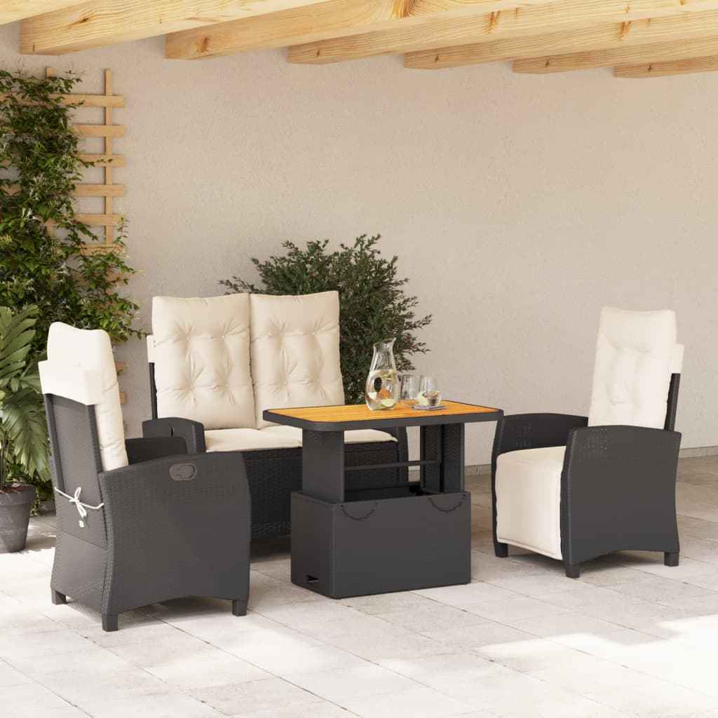 Set mobilier de grădină cu perne, 4 piese, negru, poliratan