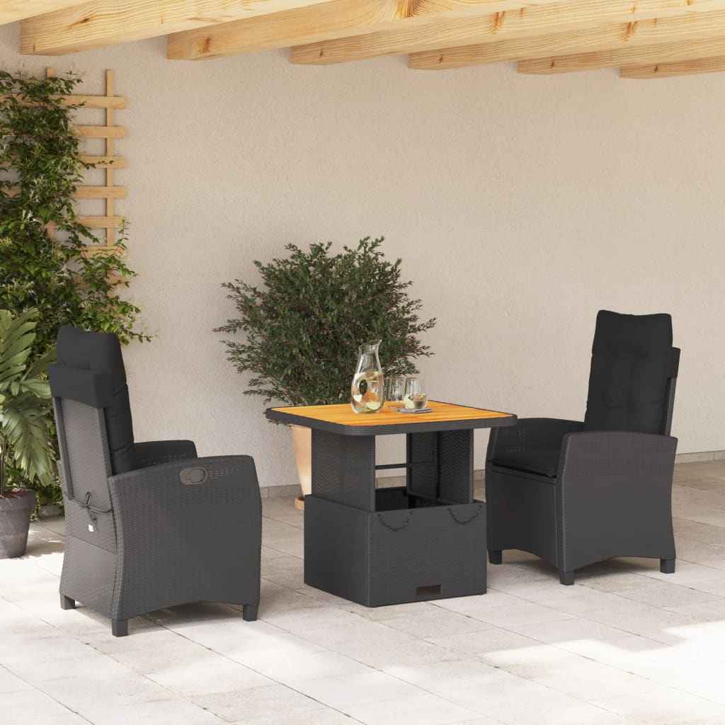 Set mobilier de grădină cu perne, 3 piese, negru, poliratan
