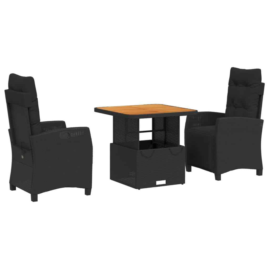 Set mobilier de grădină cu perne, 3 piese, negru, poliratan