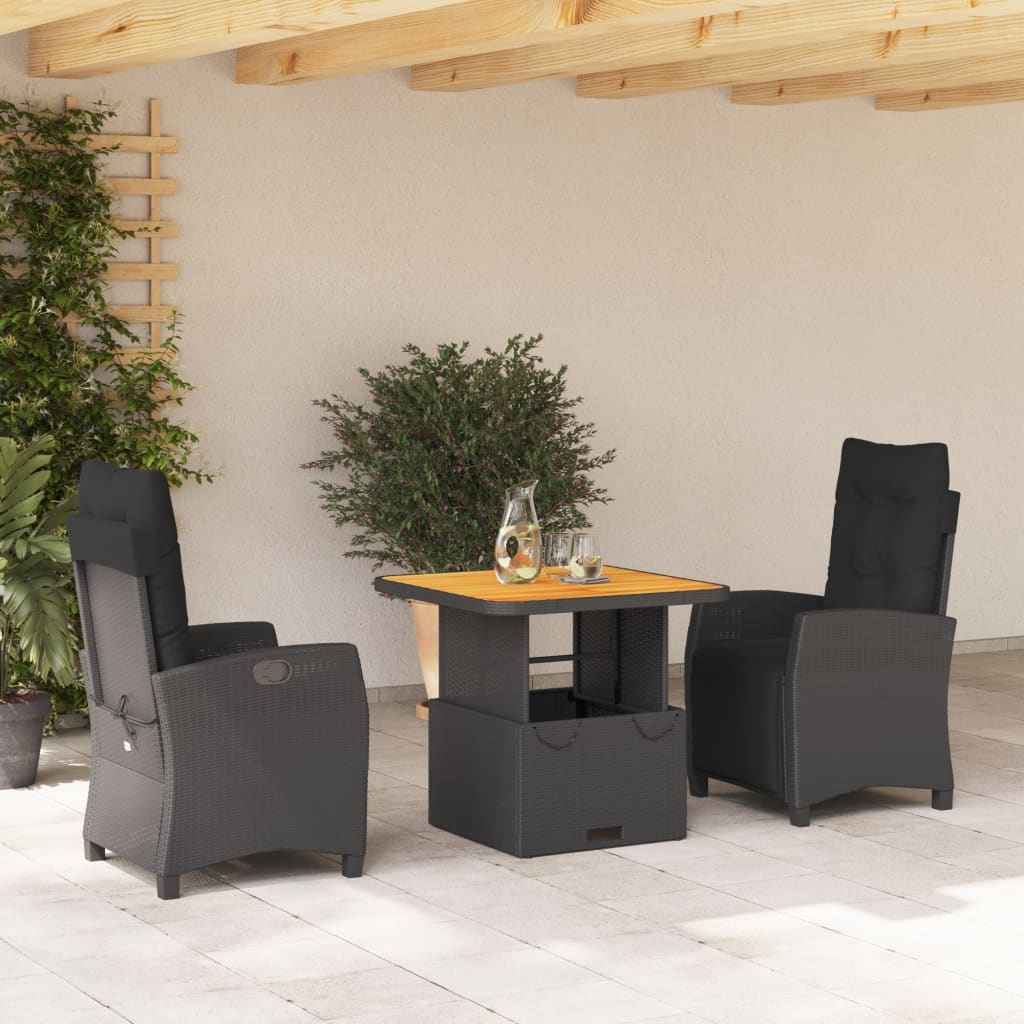 Set mobilier de grădină cu perne, 3 piese, negru, poliratan